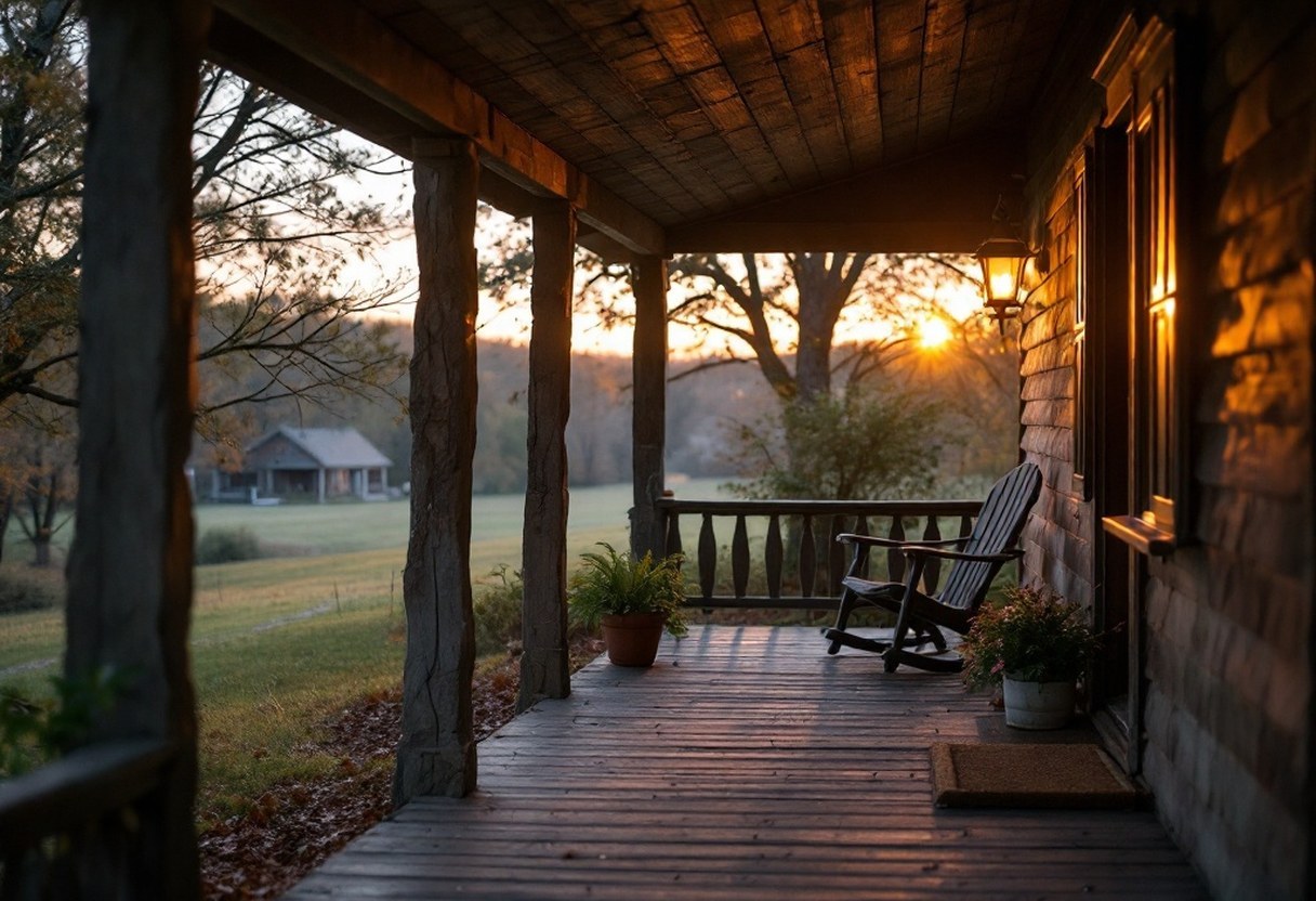 A rustic Virginia country inn or cabin porch at dawn near Culpeper