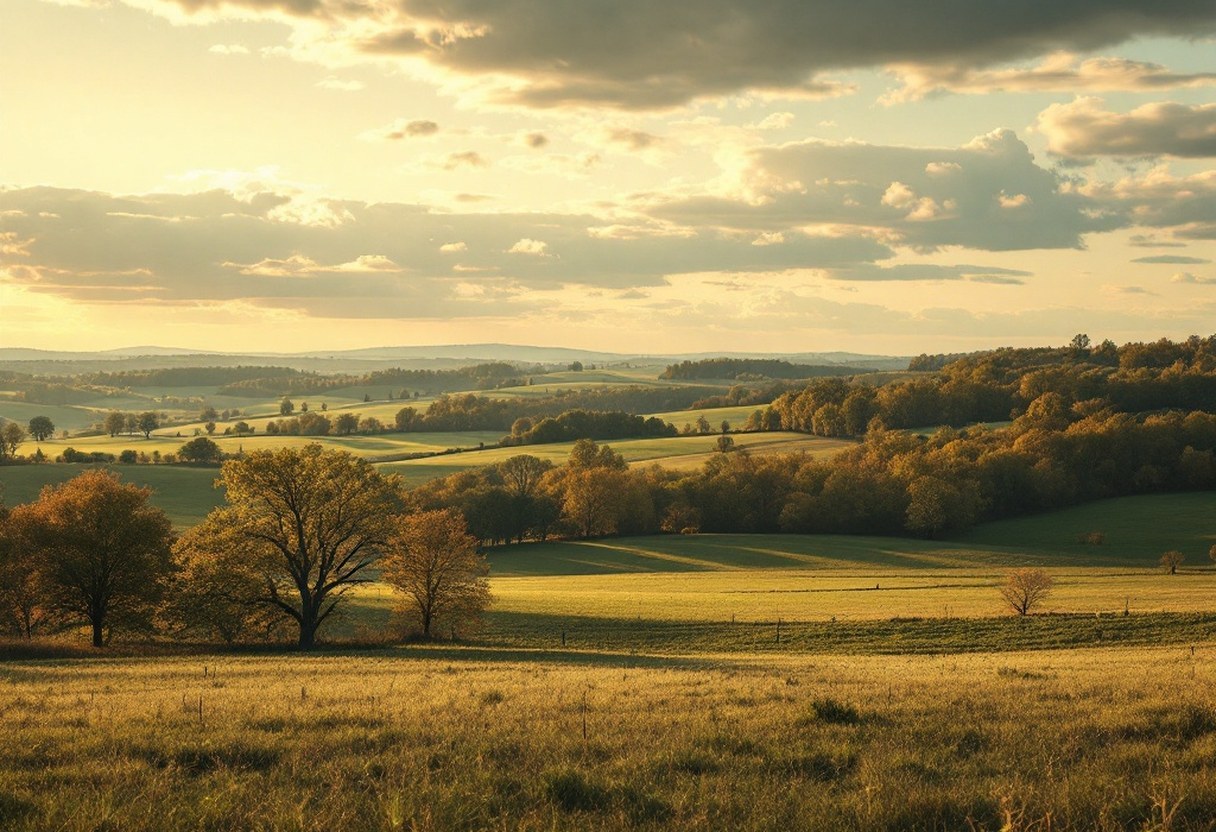 Open Virginia countryside near Culpeper — rolling pastures and tree lines under big sky
