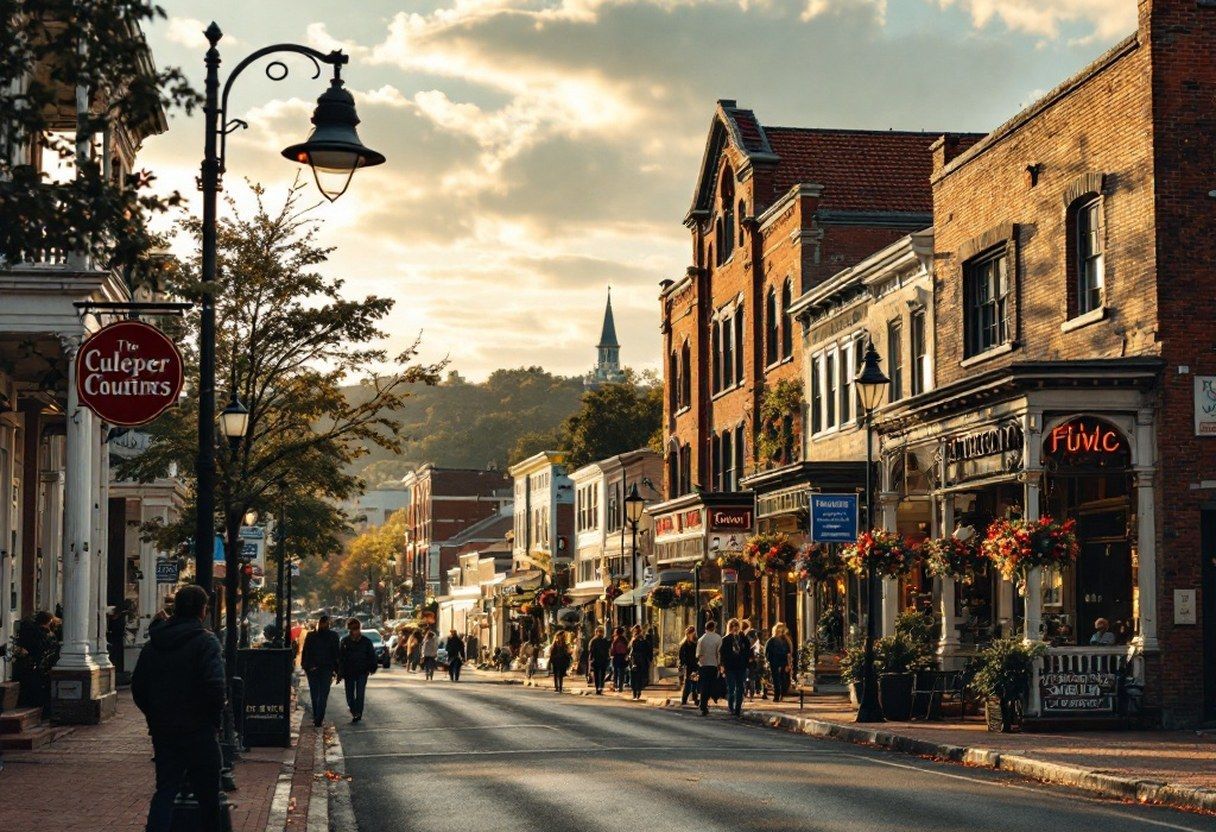 A signature Culpeper County attraction — historic downtown Main Street or a county landmark, warm light