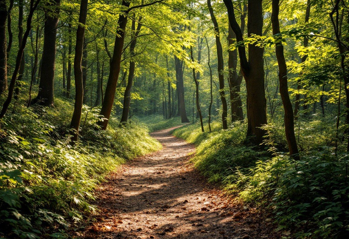 A wooded hiking trail through the Culpeper County Piedmont, dappled sunlight